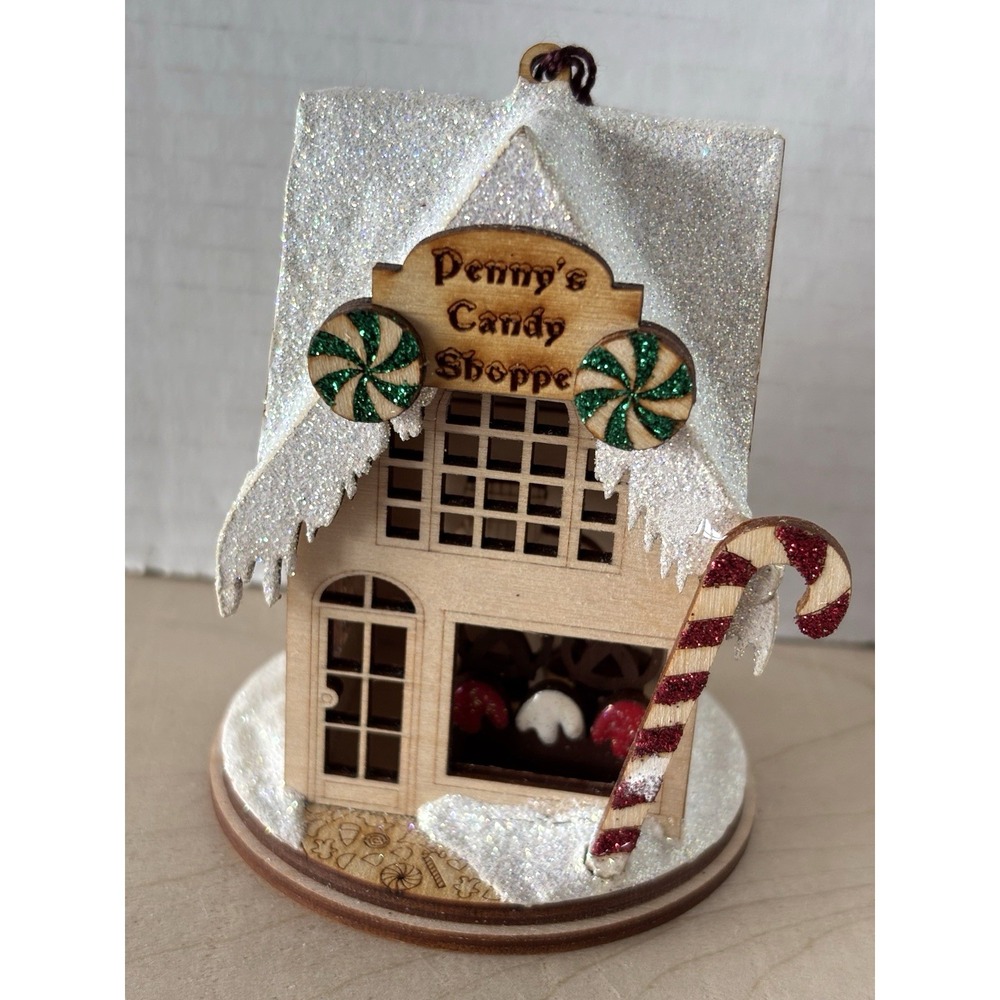 Ginger Cottages Wooden Christmas Ornament Penny's Candy Shoppe Mica Snow 2014